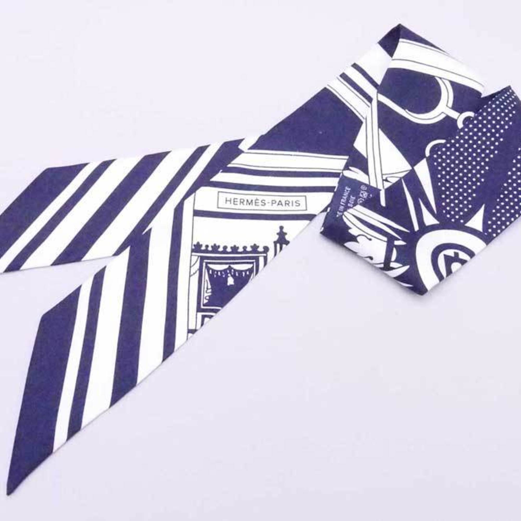 Hermes Scarf Twilly Navy X White 100 Silk Womens